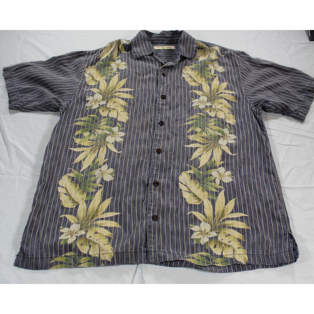 Tommy Bahama Shirt Mens Med Blue Tan Stripes Short Sleeve Button Leaves Tencel